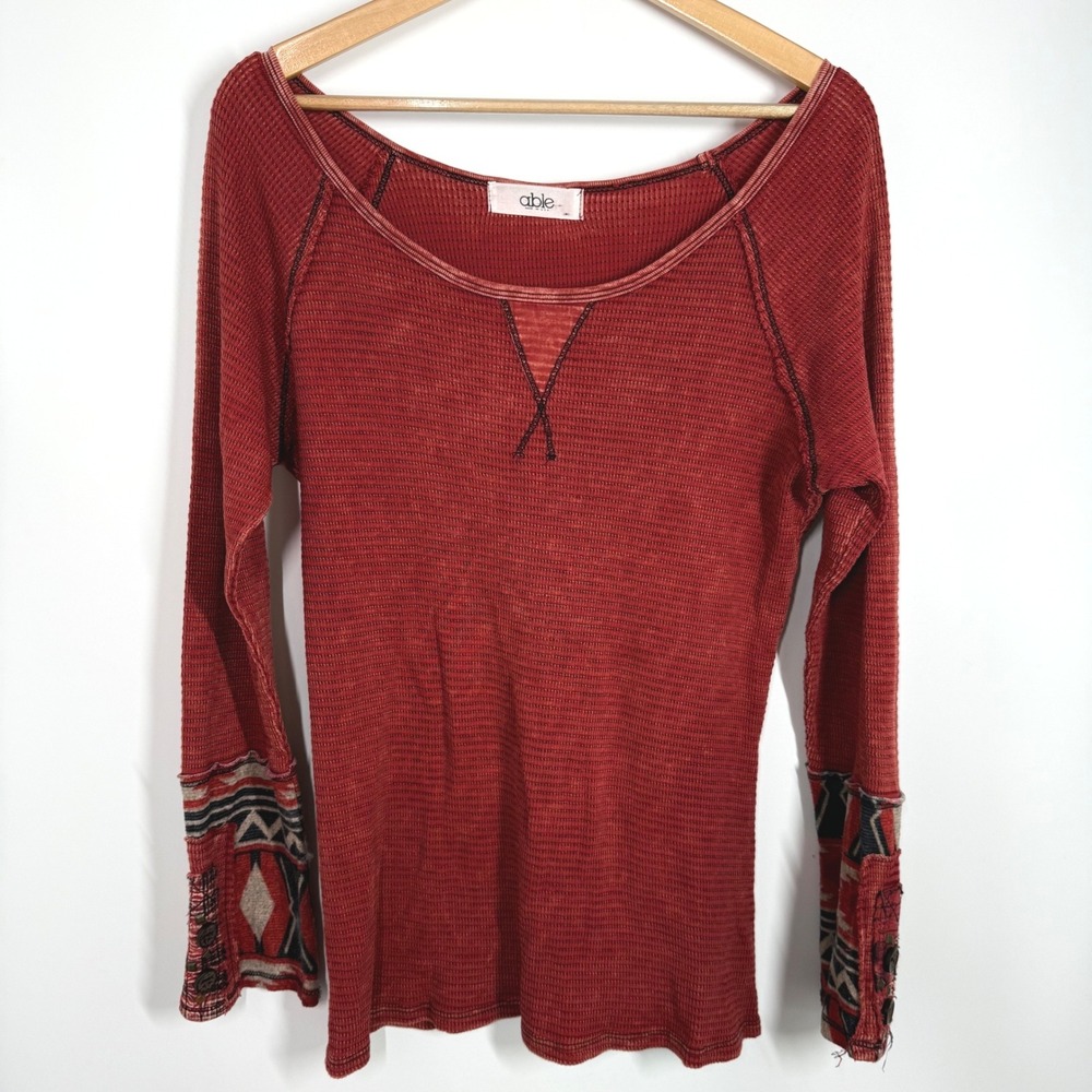 ABLE Long Sleeve Thermal Knit Boho Aztec Cuff Shirt Women's Size L Rust Red y2k